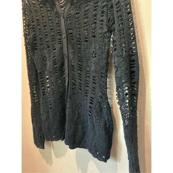 ANNE FONTAINE Black Lace Blouse Long Sleeve Collared Top Designer - Picture 6 of 8